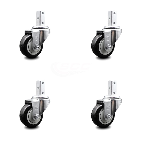 3 Inch Black Polyurethane Wheel Swivel 3/4 Inch Square Stem Caster Set SCC